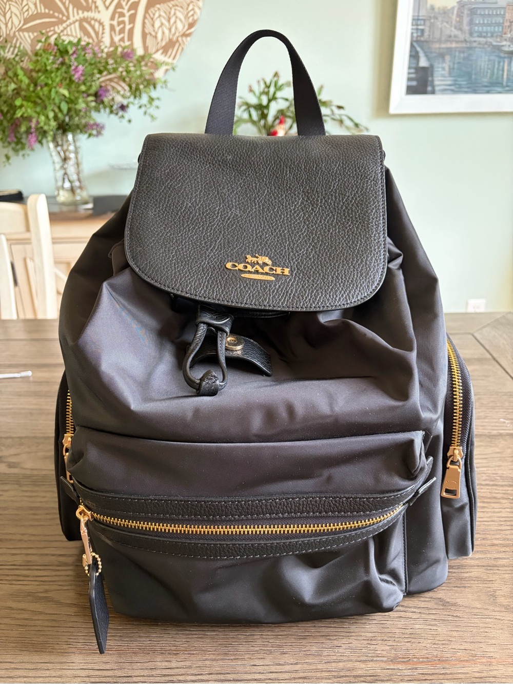 Coach Black Nylon Backpack with Leather Flap